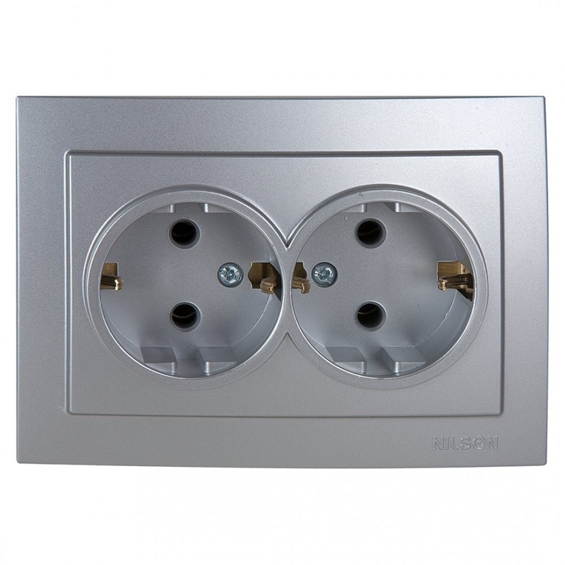 TOURAN SILVER Two-Gang Eathed Socket ვერცხლისფერი როზეტი 2-ანი დამიწებით