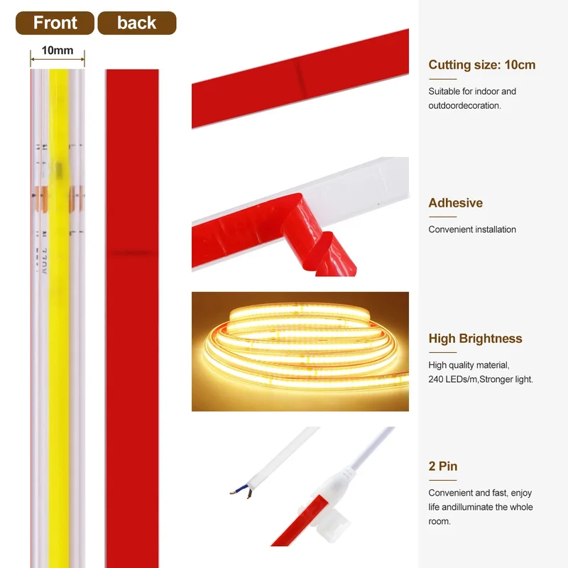 Светодиодная лента 220 В COB, длина отрезка 10 см, цветовая температура 6500K.