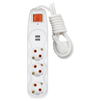 3 WAY CHILD PROTECTED SOCKET WITH 1.5 Mt CABLE + 2 USB + SURGE PROTECT. + EARTHED + SWITCH